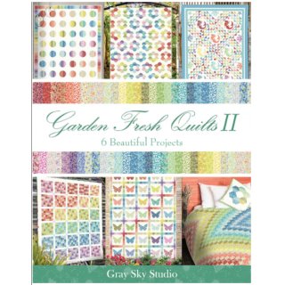 Die Ansicht zeigt das Cover des Patchworkbuches Garden Fresh Quilts 2. Auf ihm sind 6 Quilts in regenbogenfarbenen kleinen Blumenmustern dargestellt.