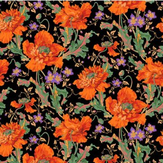 Das Bild zeigt leuchtend orangefarbenen Blueten des Schlafmohn auf schwarzen Untergrund von Philip Jacobs fuer die Kaffe Fassett Collective.