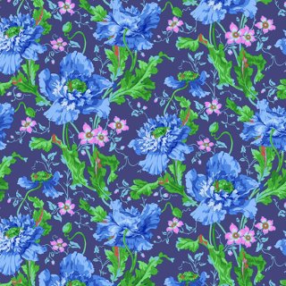 Das Bild zeigt leuchtend blaue Blueten des Schlafmohn auf dunkelblauen Untergrund von Philip Jacobs fuer die Kaffe Fassett Collective.