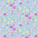 Patchworkstoff mit Blumenmuster in lila und pink auf...