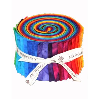 Das Bild zeigt aufgewickelte Stoffstreifen zu einem Jelly-Roll Rainbow von Becolourful by Jacqueline de Jonge in Regenbogen Farben.