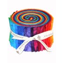 Das Bild zeigt aufgewickelte Stoffstreifen zu einem Jelly-Roll Rainbow von Becolourful by Jacqueline de Jonge in Regenbogen Farben.